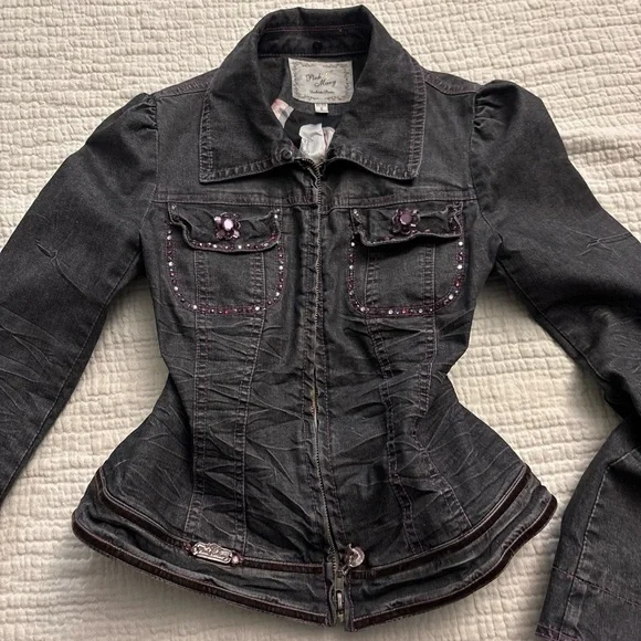 y2k bejeweled black/grey denim jacket ੈ✩‧₊ - Picture 2 of 6